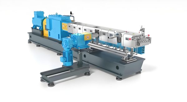 Twin screw extruder showing intermeshing screws and control panel with operators monitoring the process