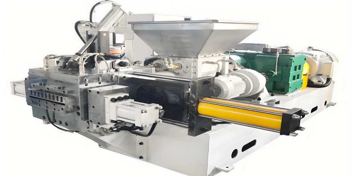 Plastic extrusion machine in operation showing the manufacturing process