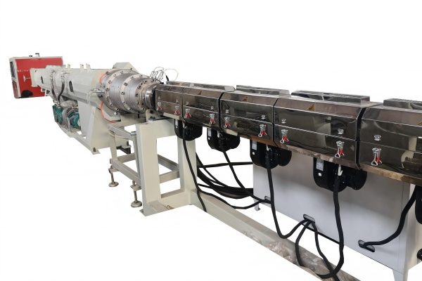 Close-up view of a plastic extrusion process showing molten plastic being shaped through a die