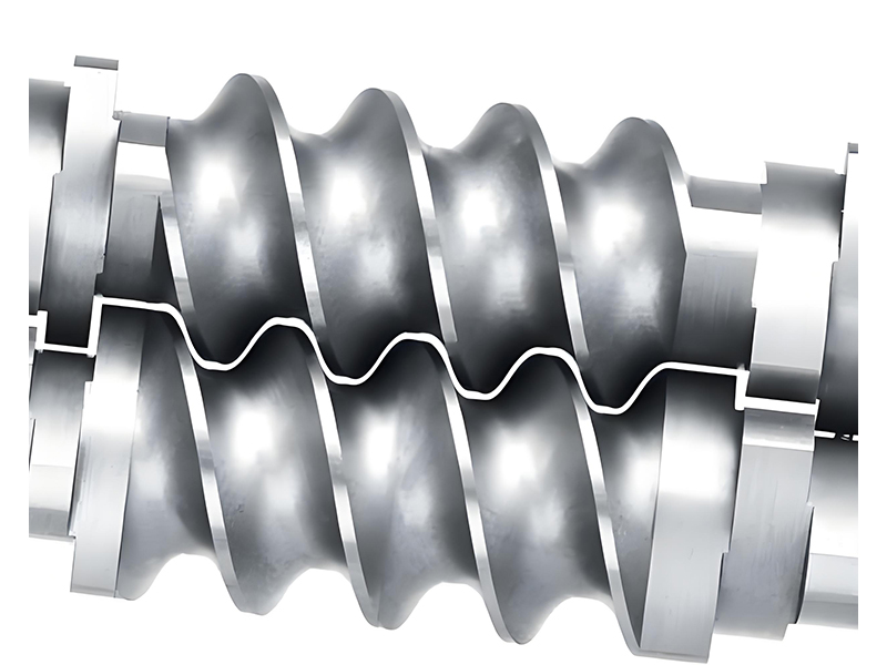 Technical drawing of twin-screw geometric structure showing diameter, pitch, flight depth, and helix angle